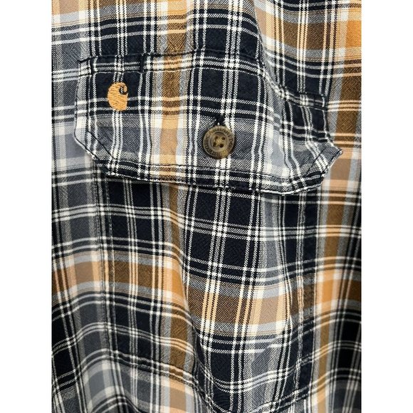 Carhartt Shirt Men's Large Button-Up Short Sleeve Cotton Casual Plaid Navy Gold - Picture 3 of 9